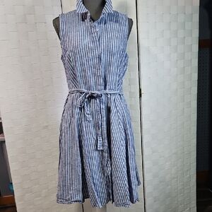 Tommy Hilfiger Blue and White Striped Sleeveless Midi Shirt Dress